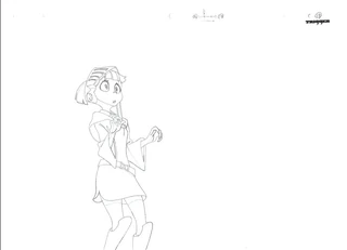 Raw in-between frame of Akko looking up at the escaped Ancient Dragon before noticing blue team