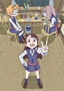 Akko posing with Lotte and Sucy in the background at their dorm room by Arai Hiroki