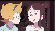 Sucy and Lotte teasing Akko about having a crush on Andrew.