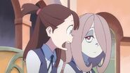 Akko being taken aback by how her blunder last night was the cause of Lotte's unlikelihood of attending the upcoming Night Fall event LWA 04