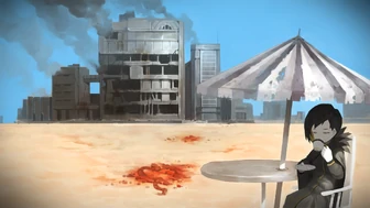 Garion drinking a cup of tea after killing an H Corp. Employee