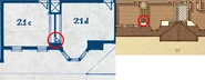 Section of the Fourth Floor Blueprints and Colored Map that Shows Tyler and Kinsey's Bedrooms with the Gender Door Circled in Red.