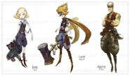 Early concept art of Lock, Emi, and Tobias. The developers considered using an art style more like Yoshitaka Amano, but THQ thought it was too much.