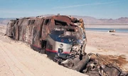 A very heavily damaged Amtrak unit