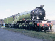 Flying Scotsman during its tour in America. Note the additional headlight, bell and cowcatcher required; these were just some of the modifications for the tour.