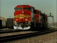 Four former ATSF GP60M in "Warbonnet" is hauling a freight train in the 1990's.
