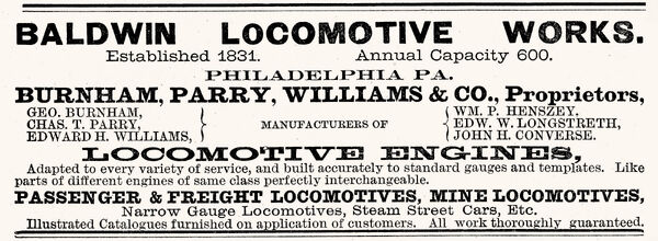 Baldwin Locomotive Works 1882 ad