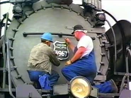 3985's crew renumbers the locomotive to 3967.