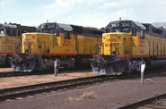 Typical UP fleet during the 1960's which consists of an EMD SD40, SD40 with a "snoot nose", and a GE U50 unit. (Notice the various slogans applied to the sides of the unit's cabs.)