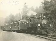 No. 12 at Linville Gap with a small passenger train, sometime in the 1930's. Note the "sparkless" stack, as opposed to the fancier cap stack the engine usually wore. (Credit: Cy Crumley Collection)