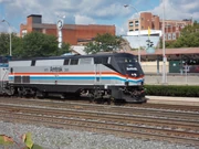 A P42 Genesis at the head end of Amtrak Train 42, "The Pennsylvanian," as it returned private cars from a fundraiser excursion.
