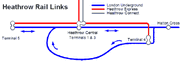 Heathrow Area Rail Links. The Piccadilly line is in blue.