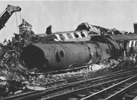 One of the overturned locomotives of the Liverpool train, No