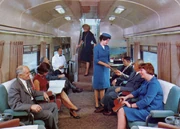A  (center, in blue uniform) at work on the lower level of a California Zephyr  in 1967