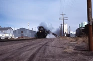 Union Pacific 3985 pulls a small train in 1981.