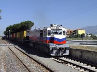 A  at pulling a container train past Muradiye station.