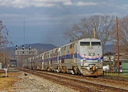 Several inoperable Amtrak P40DC's traveling to Beech Grove, Indiana.