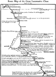 Map of the chase route, with locations of various events marked