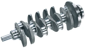A crankshaft designed for a four-cylinder engine. The throws can be seen as the offset parts of the shaft (and corresponding counter-weights).