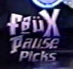 "Faux Pause Picks" bug from 1998-1999. After an episode of Faux Pause, the hosts would randomly pick out an episode of a game show without any interruption. Used in tandem with the 1998-2002 GSN screenbug