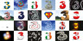 Variations of the logo, including flag-based versions for the countries Three operates in. The Italian market is now Wind Tre, while the Australian branch merged with Vodafone (Australia).