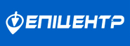 White logo with blue background