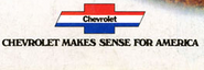 Chevy logo in a red, white and blue bowtie with the slogan "Chevrolet makes sense for America"