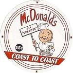 This logo used Speedee, McDonald's first mascot from the opening of the company's first franchising outlets. He was completely phased out in 1968 and was replaced with Ronald McDonald.