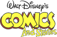 The logo used during Disney Comics' run with the title, for issues #548-585. "And Stories" is now below "Comics", which has been slightly altered to resemble the Disney Comics logo.