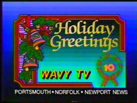 1988 WAVY "Holiday Greetings" ID. Note the "10" is separated from the rounded square. That version of the 1981-89 WAVY logo would be used on the microphone flags from 1981-85.