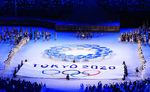 Emblem form-up at the Olympic Opening Ceremony with stage blocks and a banner