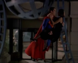 Lois being saved from Fuentes by Superman