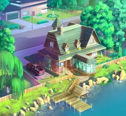 The backyard with the dock and boat house
