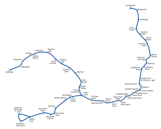 Geographically accurate path of the Piccadilly line