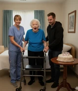 Gromdy on her 121st birthday in July 2023 with a nurse and her great grandson, Mark (aged 35).