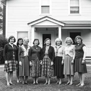 Gromdy (4th from left) in September 1944 with seven of her sisters (Grette had died) L-R, Samantha Rebba Colfax (aged 54), Schultzy Bootz (aged 50), Dotty Siler (aged 71), Gromdy (aged 42), Gertrude Housecoat (aged 58), Patricia Borgdon (aged 69), Oo Cox-Martin (aged 60), and Cynthia VandenOsdell (aged 48). They are at Oo Cox-Martin's house.