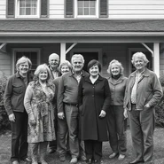 Gromdy (3rd from right) in October 1954 with her siblings (L-R), Oo Cox-Martin (aged 70), Samantha Rebba-Colfax (aged 64), Harrison Starbroke-Gotz (aged 74), Patricia Borgdon (aged 79), Gordon Starbroke-Gotz (aged 61), Gromdy (aged 53), Cynthia VandenOsdell (aged 57), and Quinn Starbroke-Gotz (aged 55). They are at Gromdy's house.