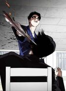 Jiho hitting Mr. Kim with metal lunch tray