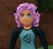 A girl standing outside Loomian Laboratory wearing the old Capture Disc design