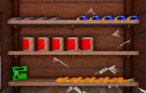 Some building materials on a shelf in a workshop.