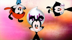 Yakko, Wakko, and Dot in front of The Hub logo.