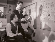 Bob Clampett with Michael Sasanoff, Thomas McKimson, and Hubie Karp during the production c. 1945