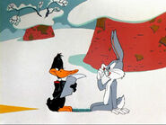 Daffy thinks he is writing a fricasseeing rabbit license, but Bugs spells "F-R-I-C-A-S-S-E-E-I-N-G D-U-C-K" instead.