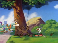 Wile E. and Calamity Coyote try to catch Road Runner and Little Beeper in Tiny Toon Adventures