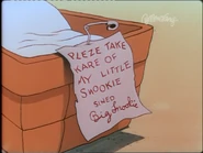 The letter in the booby-trapped carriage indicating that "Little Snookie" is an 'abandoned, homeless waif', albeit written with many spelling mistakes.