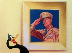 Daffy saluting a painting of General MacArthur.