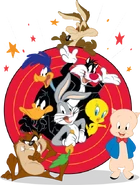 With Bugs, Daffy, Tweety, Porky, Taz, Road Runner, and Wile E.