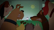 Cameo appearance of Chester among the crowd of dogs surrounding Pussyfoot
