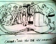 Storyboard for the deleted Marvin Acme funeral scene with Foghorn Leghorn, Daffy Duck, Hippety Hopper and other cartoon characters