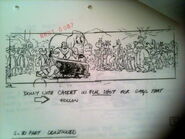 Storyboard for the deleted Marvin Acme funeral scene. Elmer Fudd, Porky Pig, Petunia Pig, and Sylvester are shown in this storyboard